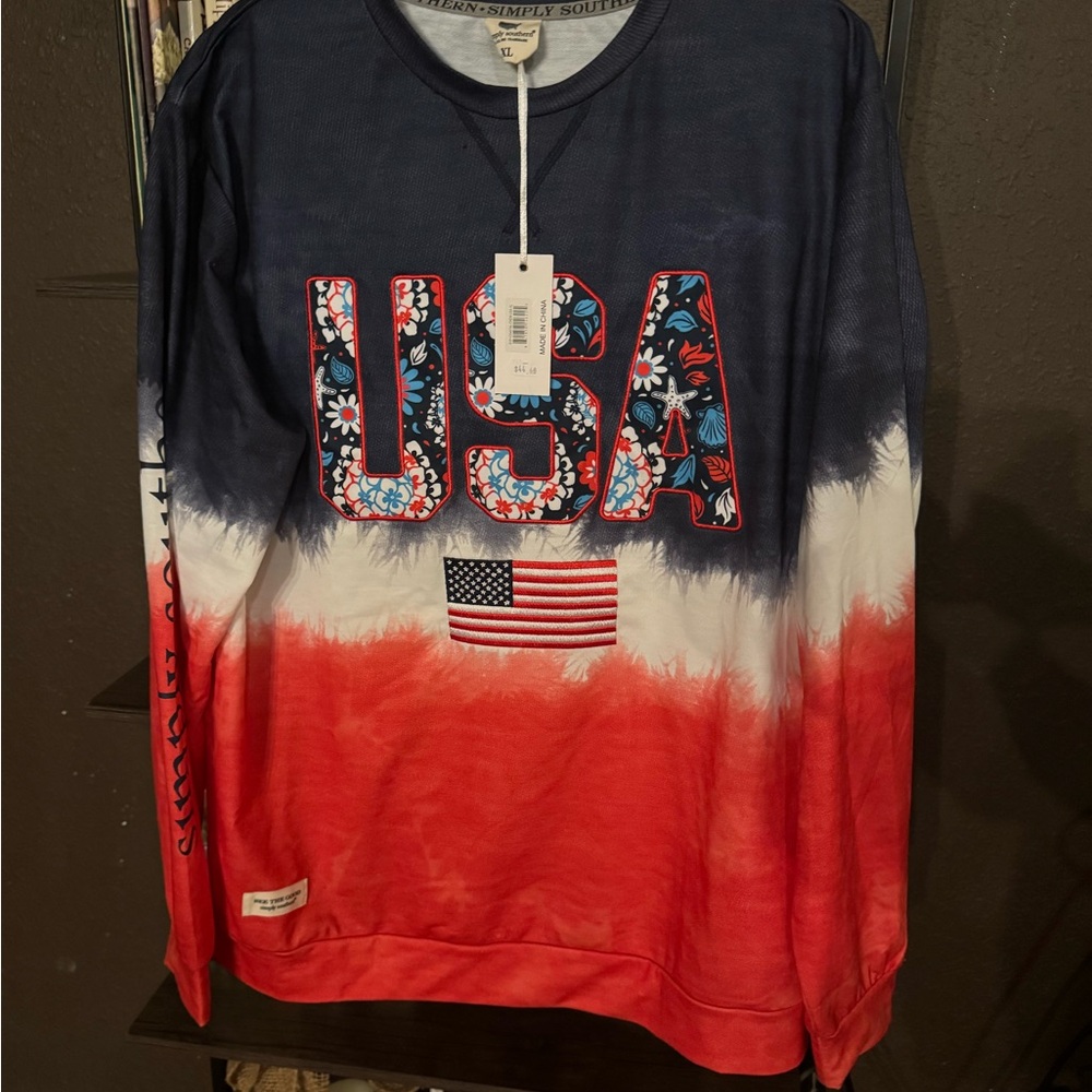 Simply Southern USA Patriotic Long Sleeve Pullover Crew NWT